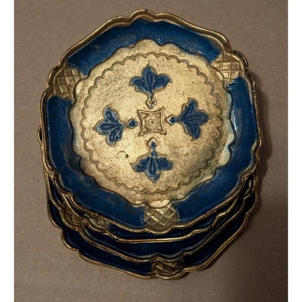 Italian Florentine Blue Gold Resin Coasters Trinket Dishes Set Of 4 4-Inch Round - Picture 8 of 16